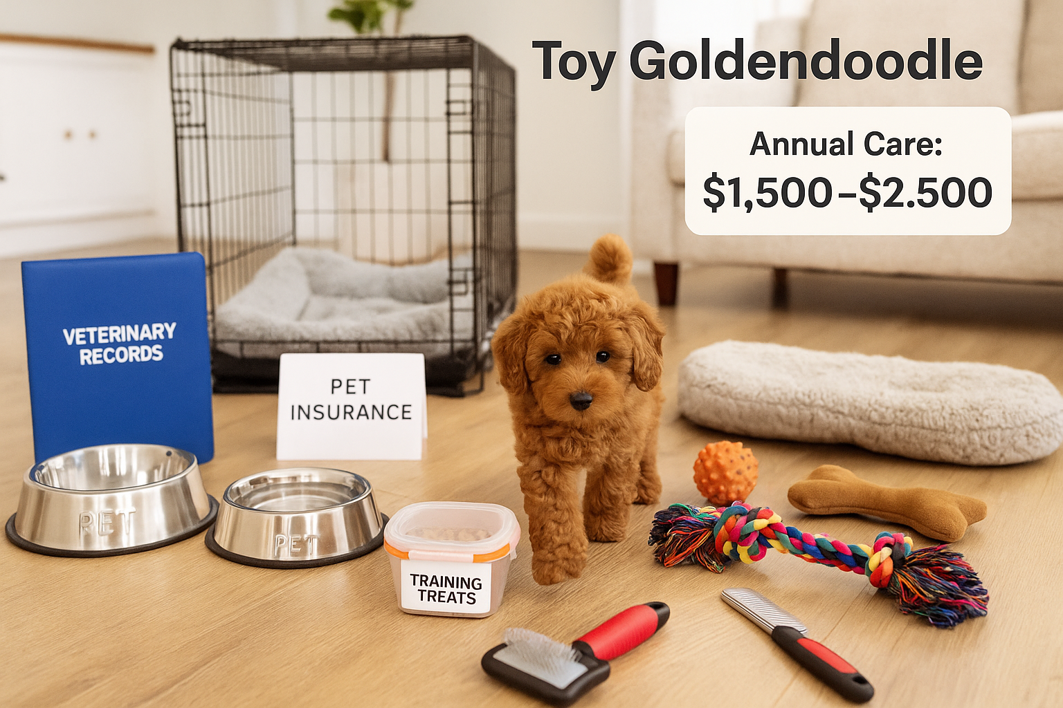 Detailed landscape editorial image (1536x1024) illustrating comprehensive adoption preparation and first days home with Toy Goldendoodle. Ce