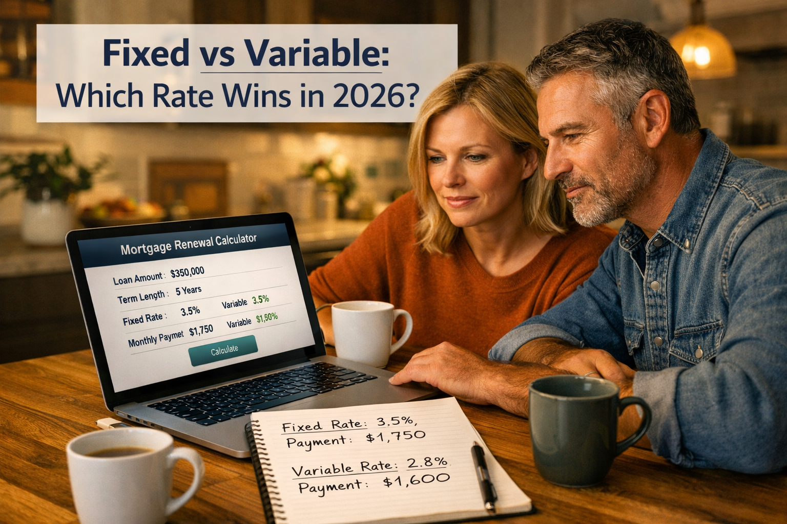 () showing a Canadian homeowner couple at a kitchen table reviewing mortgage renewal documents on a laptop displaying a