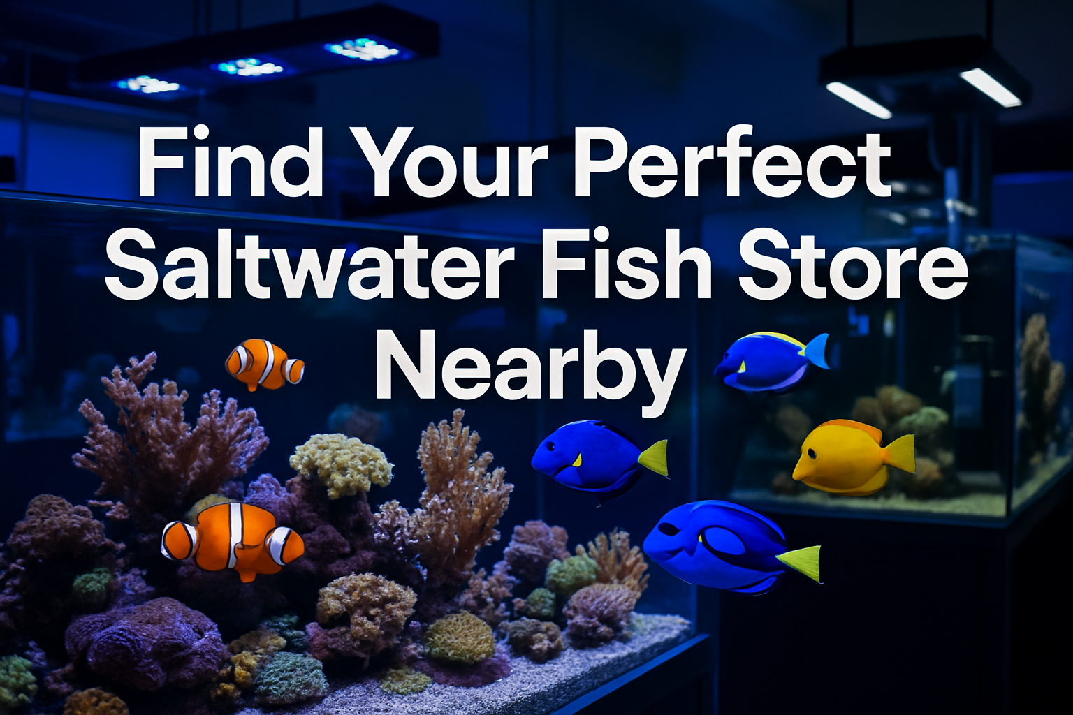 Professional landscape hero image (1536x1024) featuring bold text overlay 'Find Your Perfect Saltwater Fish Store Nearby' in extra large 70p