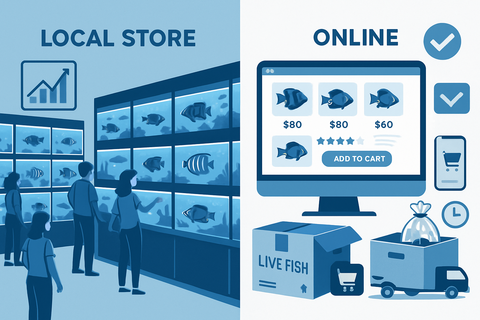 Professional landscape image (1536x1024) showing comparison between local saltwater fish store and online shopping experience. Split composi