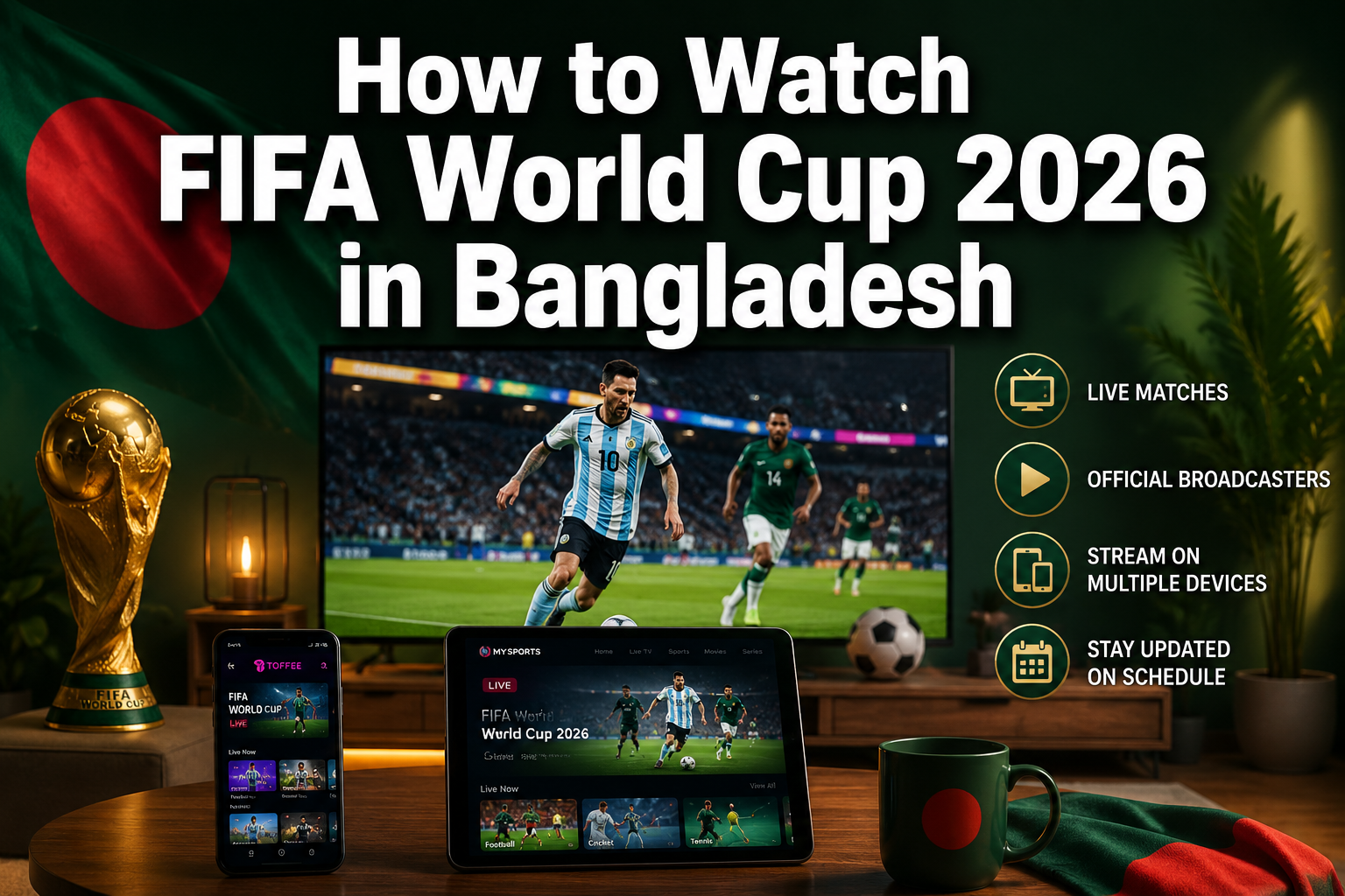 Professional () hero image featuring 'How to Watch FIFA World Cup 2026 in Bangladesh' in extra large white with dark ,
