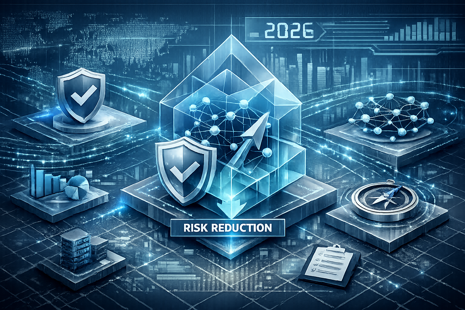 Key Takeaways section visual: Isometric data visualization landscape showing interconnected risk assessment elements.