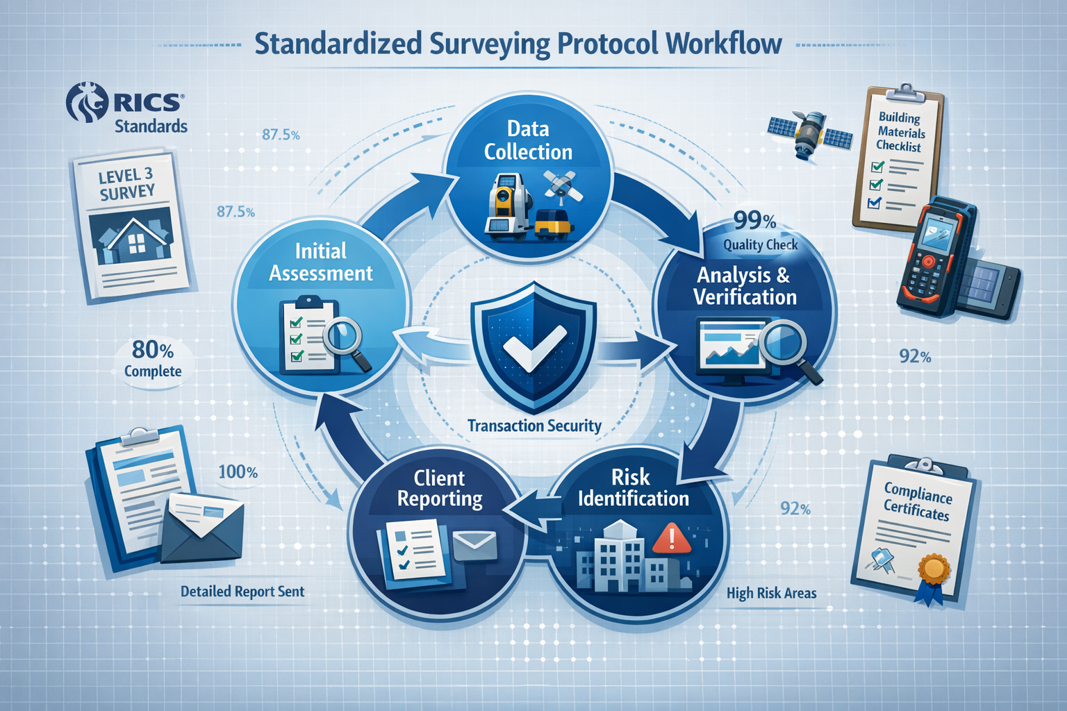 () detailed technical illustration of standardized surveying protocol workflow diagram. Shows circular process flow with
