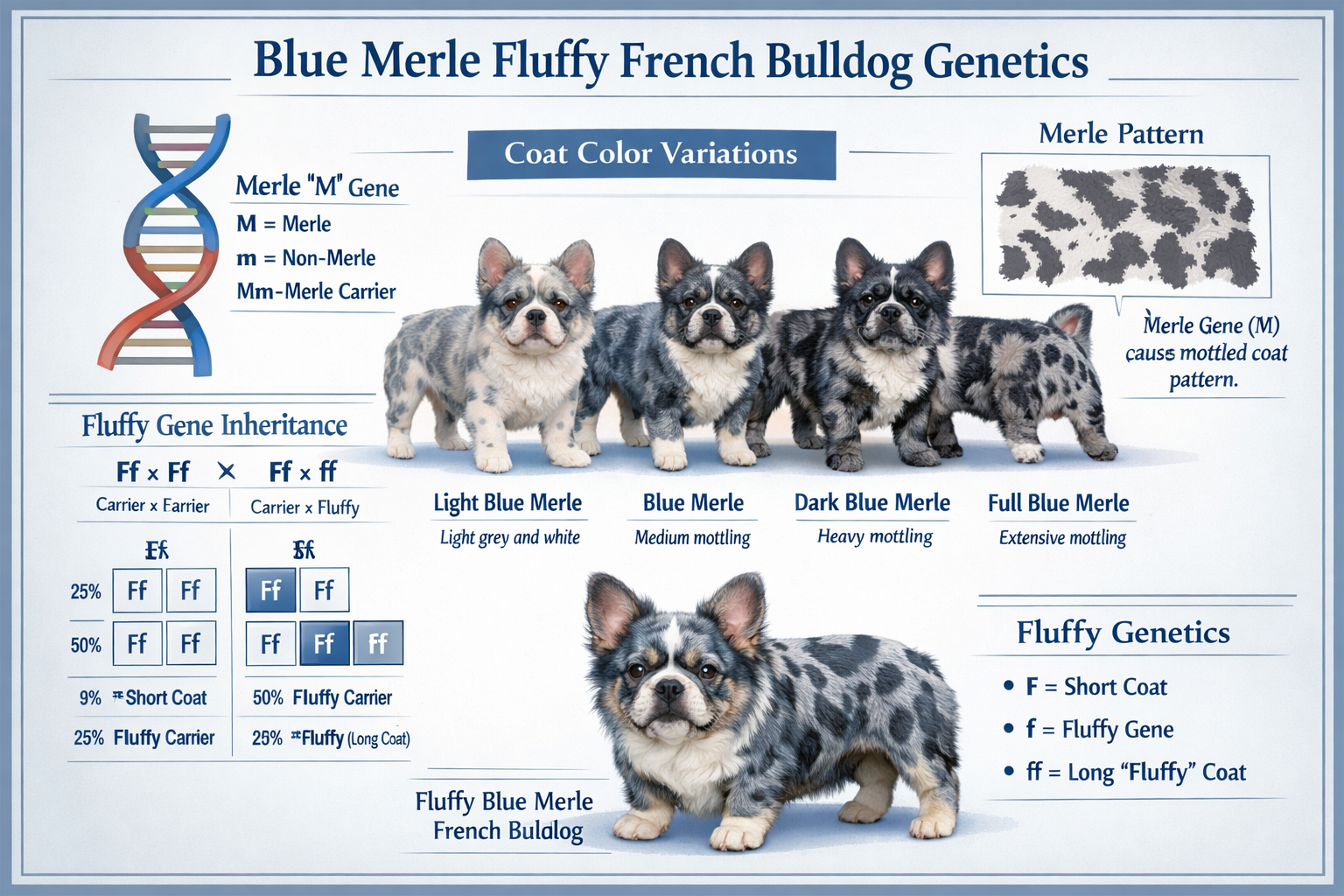 Detailed infographic showing blue merle fluffy French bulldog genetics with DNA helix, merle gene pattern illustration, coat color variation