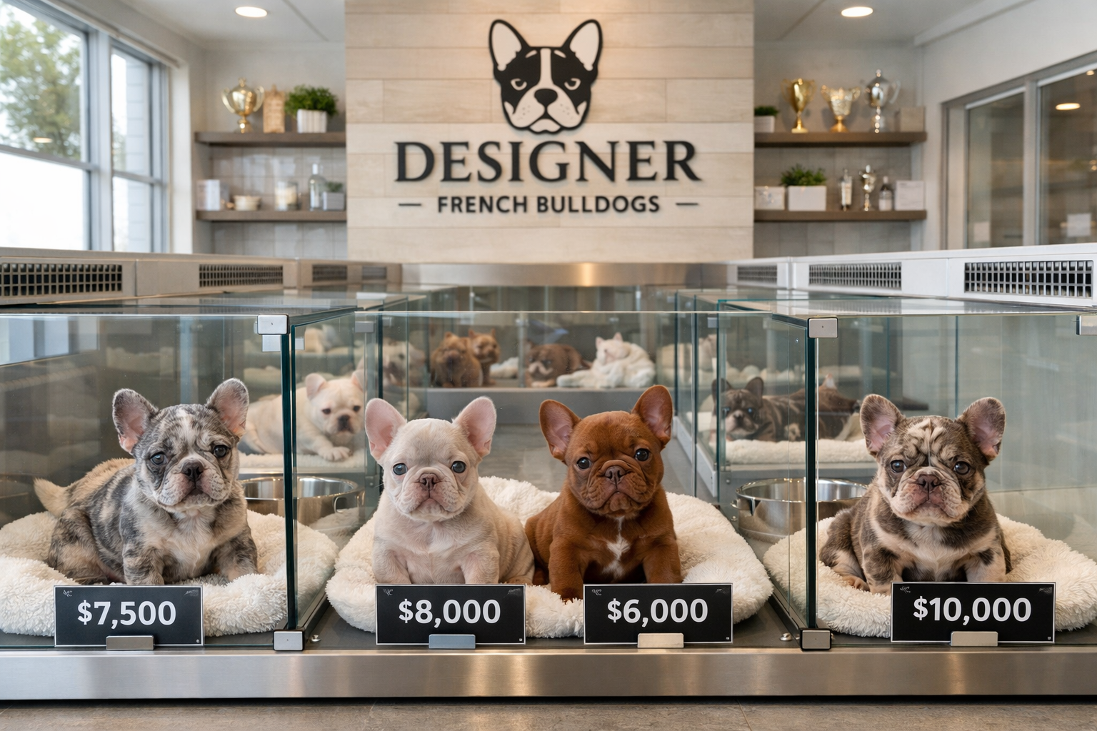 Professional breeding facility interior showing multiple fluffy French bulldog puppies in various rare colors including blue merle, isabella