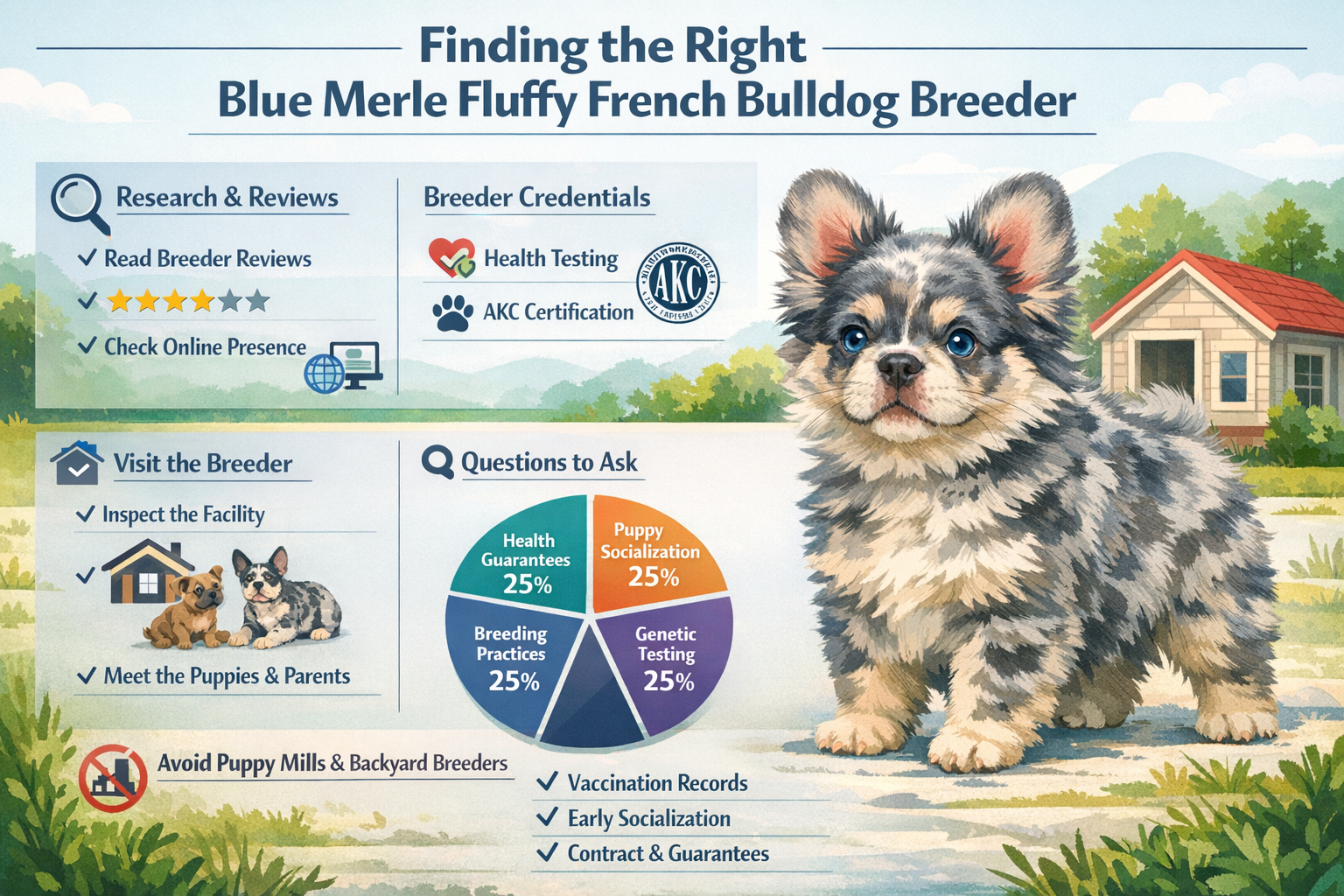 Professional landscape infographic (1536x1024) for article "The Complete Guide to Blue Merle Fluffy French Bulldogs: Everything You Need to