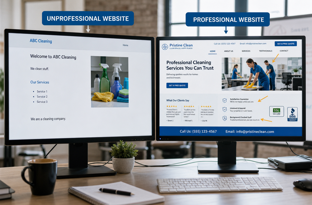 () image showing a split comparison of two small business websites side by side on desktop screens. Left screen displays