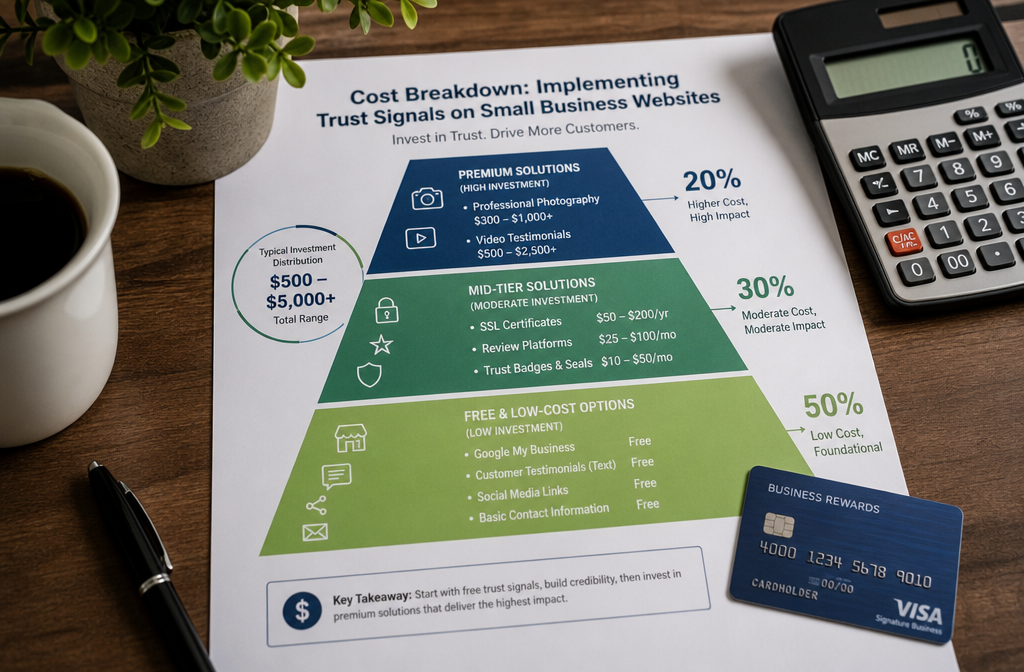 () infographic showing cost breakdown for implementing trust signals on small business websites. Visual pyramid or bar chart
