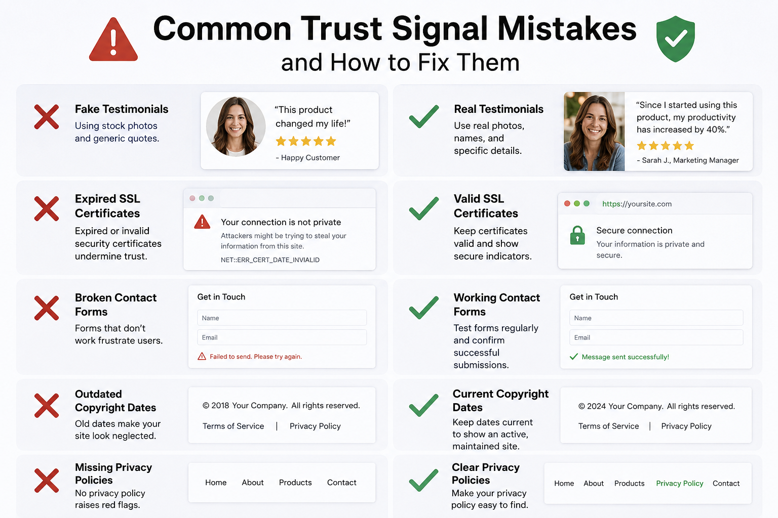 () image showing common trust signal mistakes with red X marks over problematic examples. Split into sections: fake