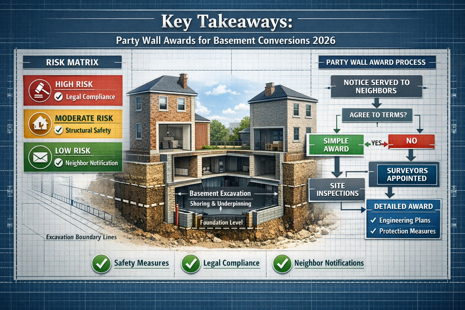 Comprehensive editorial infographic visualizing 'Key Takeaways' for Party Wall Awards in 2026 basement conversion protocols.