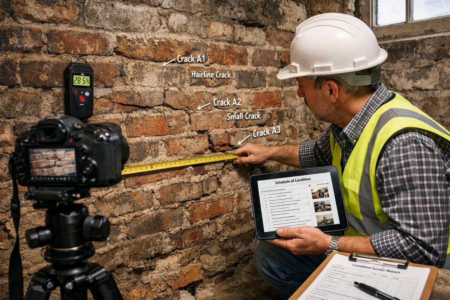 Detailed () photograph of professional party wall surveyor in hard hat and high-visibility vest conducting pre-construction