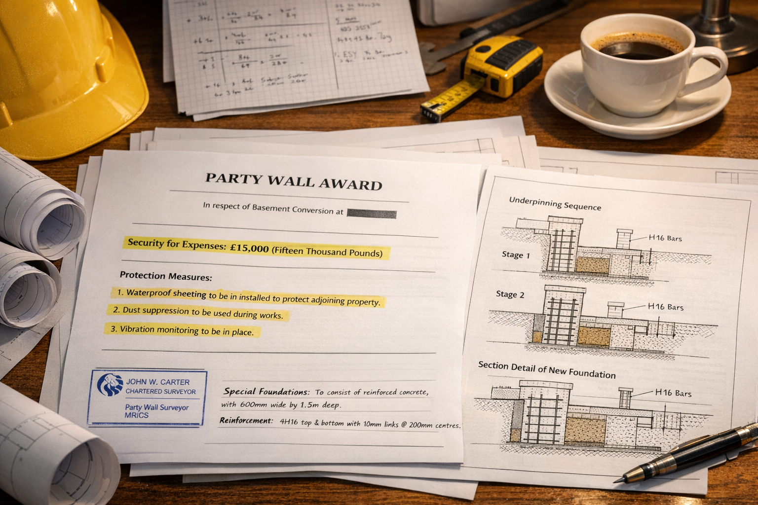 Detailed () close-up photograph of completed Party Wall Award document for basement conversion spread across architect's
