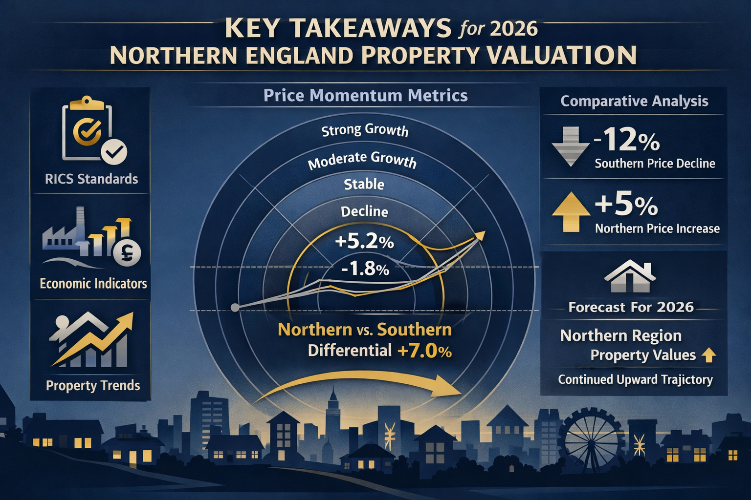 Landscape infographic highlighting Key Takeaways for 2026 Northern England property valuation, featuring a multi-layered