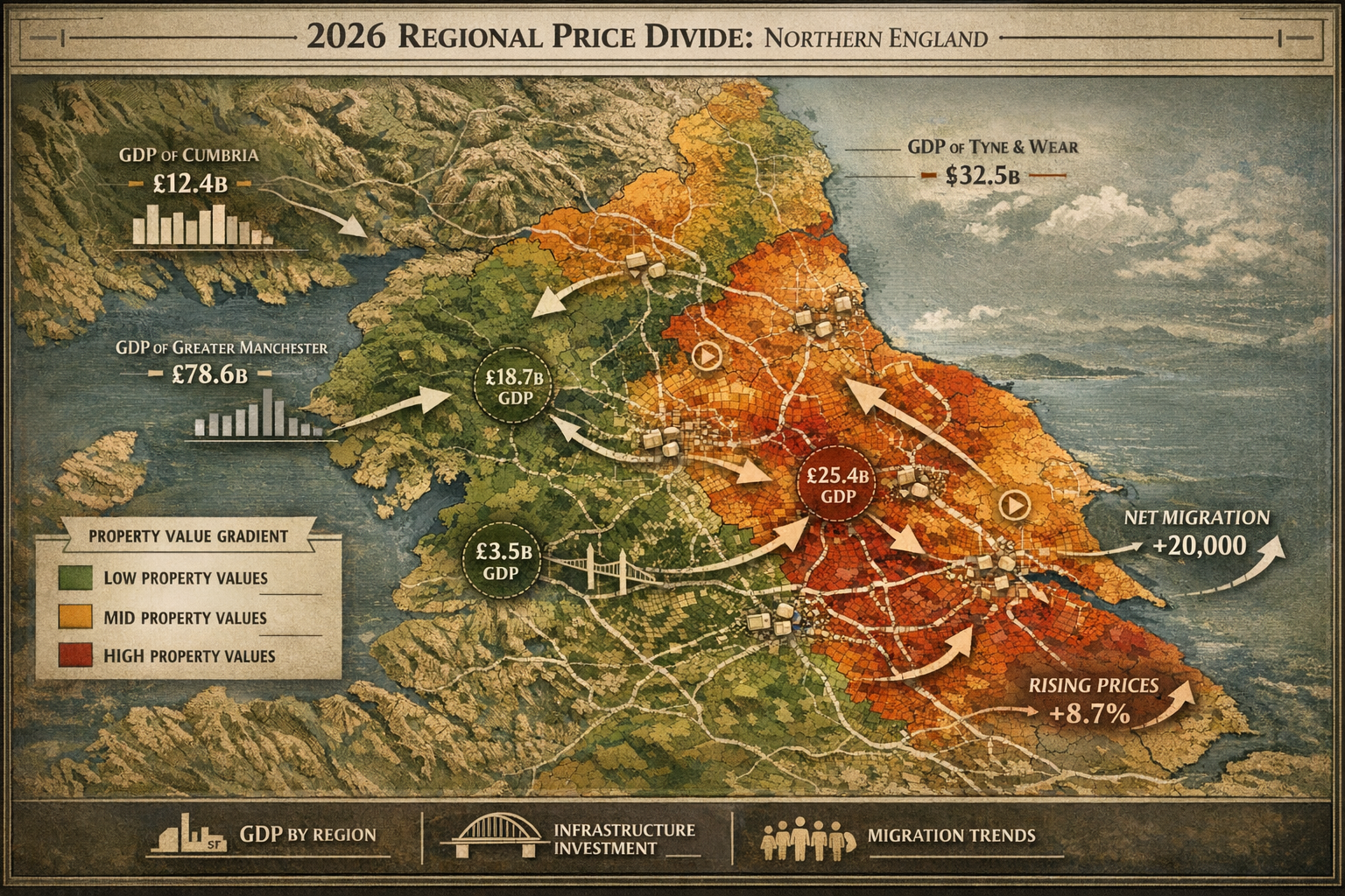 Comprehensive geospatial visualization depicting the 2026 Regional Price Divide, featuring a topographical map of Northern