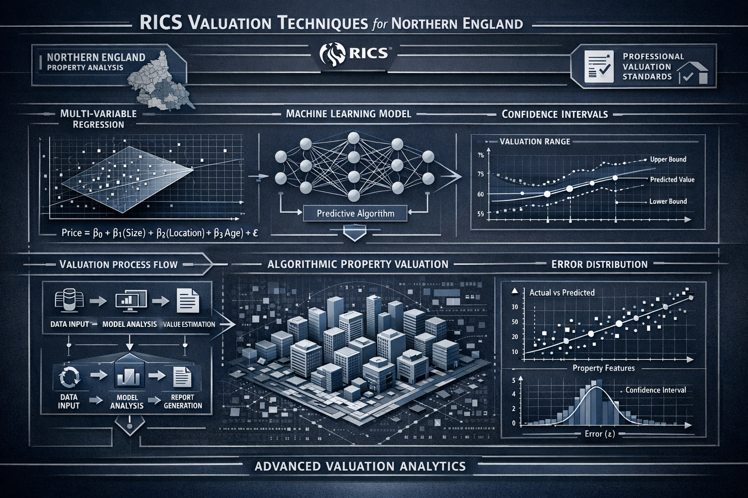 Technical infographic illustrating RICS Valuation Techniques for Northern England, showcasing advanced computational