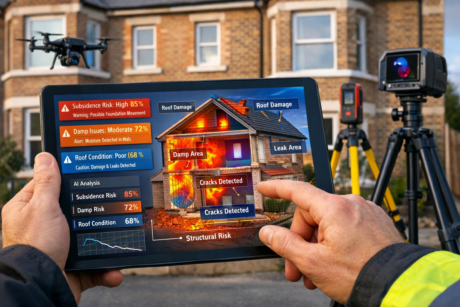 Detailed () image showing close-up of professional chartered surveyor using advanced tablet device with AI-powered building