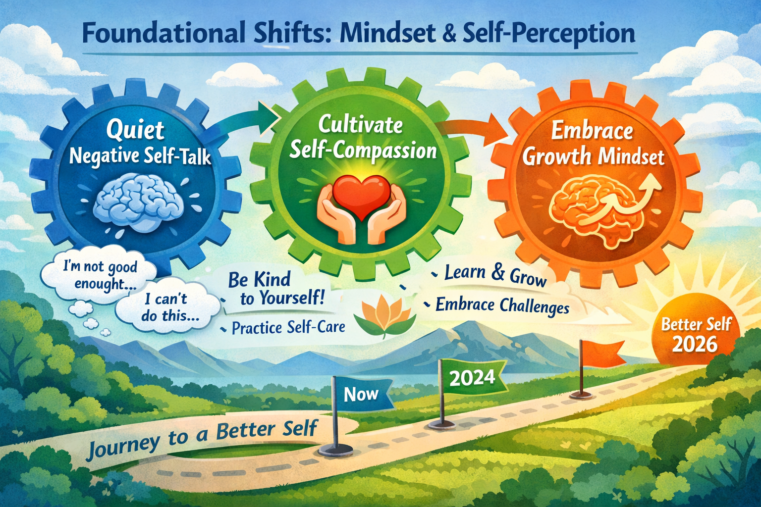 The Surprising Secret to Redefining Yourself in 2026 and Sticking to Habits 2 Detailed landscape format (1536x1024) image illustrating a vibrant infographic about 'Foundational Shifts: Mindset & Self-Perception'. It sh