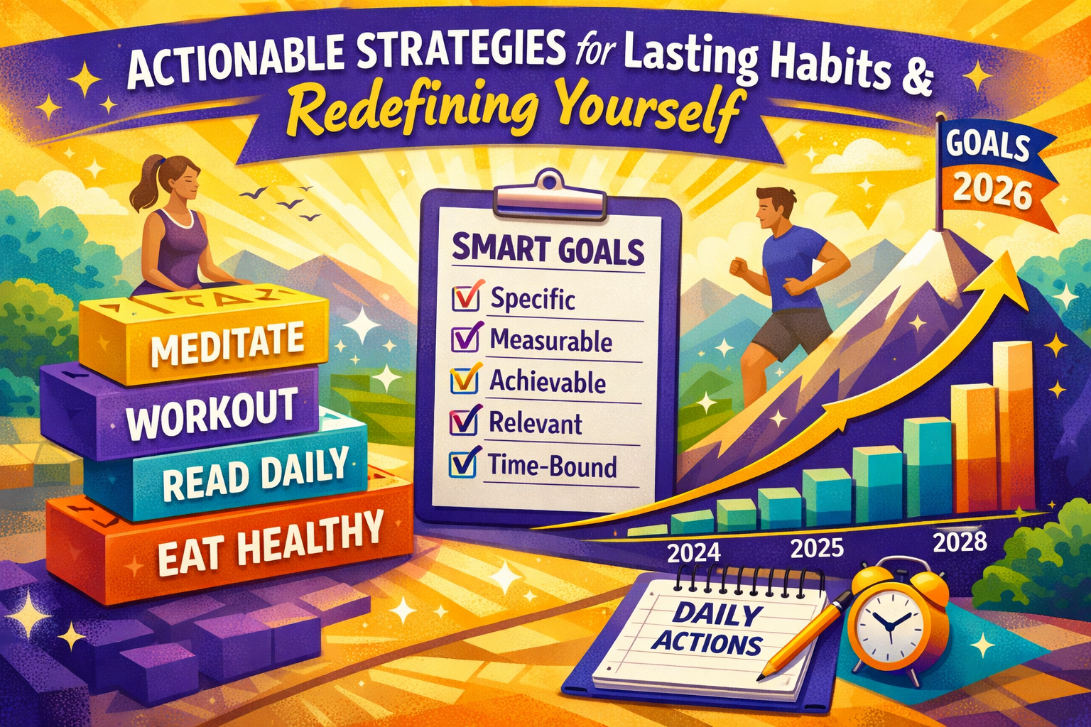 The Surprising Secret to Redefining Yourself in 2026 and Sticking to Habits 3 Detailed landscape format (1536x1024) image showcasing a dynamic visual representation of 'Actionable Strategies for Lasting Habits & Redefi