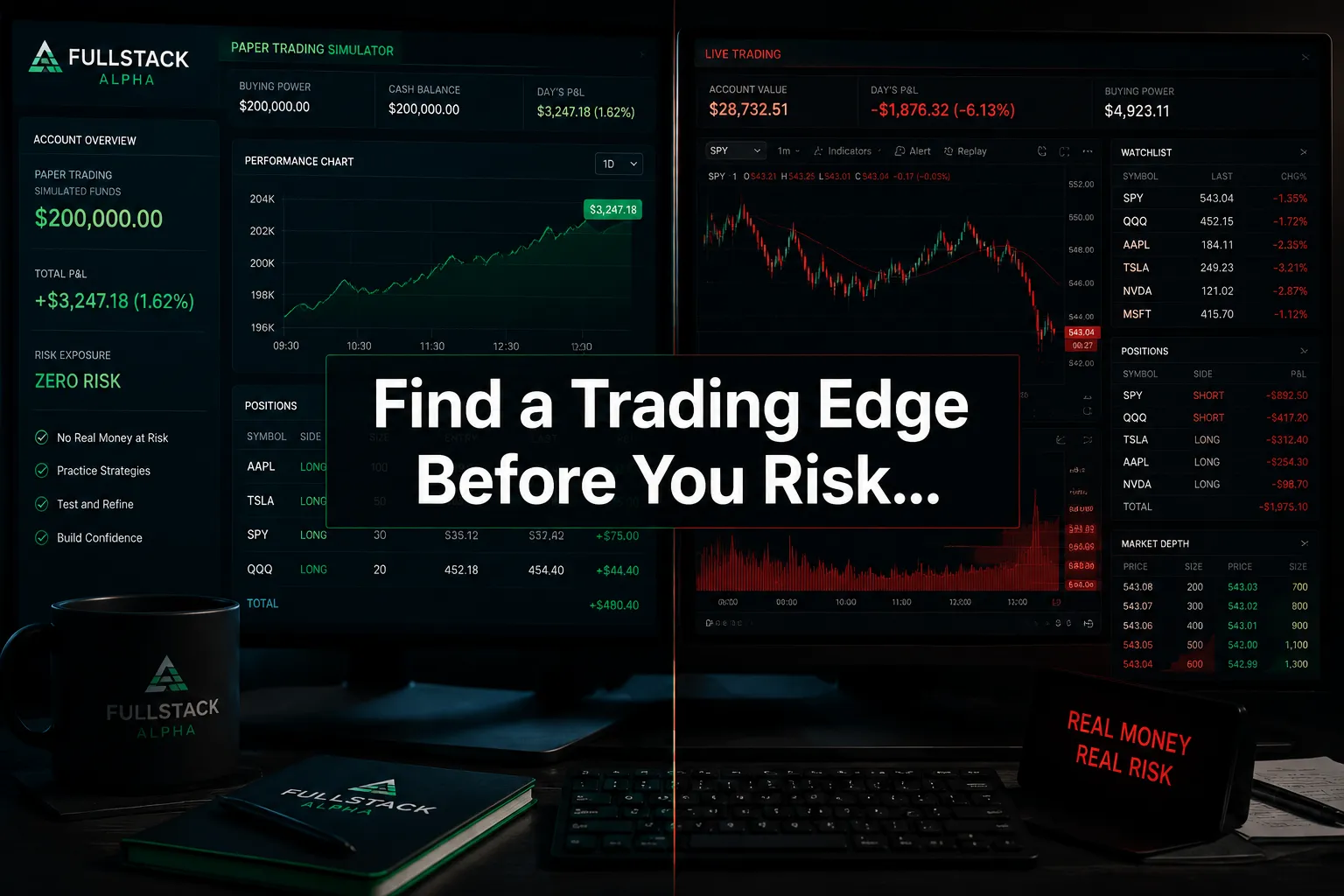 Professional () hero image with (≤42 chars): 'Find a Trading Edge Before You Risk…', crisp white on a dark semi-transparent
