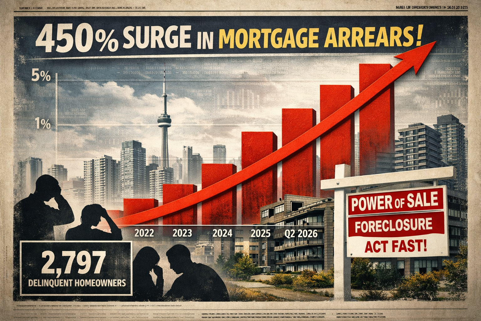Wide-angle infographic-style landscape image () showing Toronto housing delinquency data visualization: a red bar chart