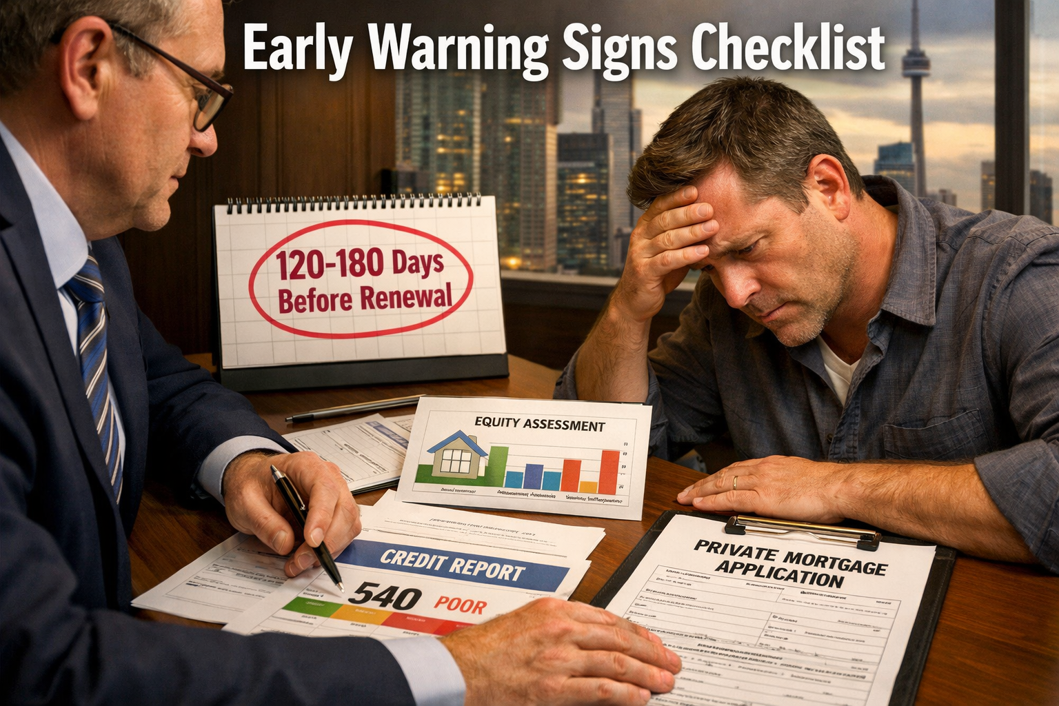 Close-up editorial photograph () of a mortgage broker and stressed homeowner sitting across a desk reviewing documents, with