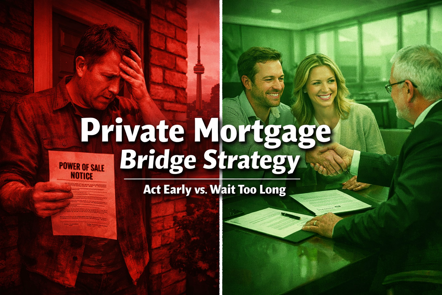 Split-screen landscape image () contrasting two scenarios: LEFT side shows a red-tinted distressed homeowner receiving a