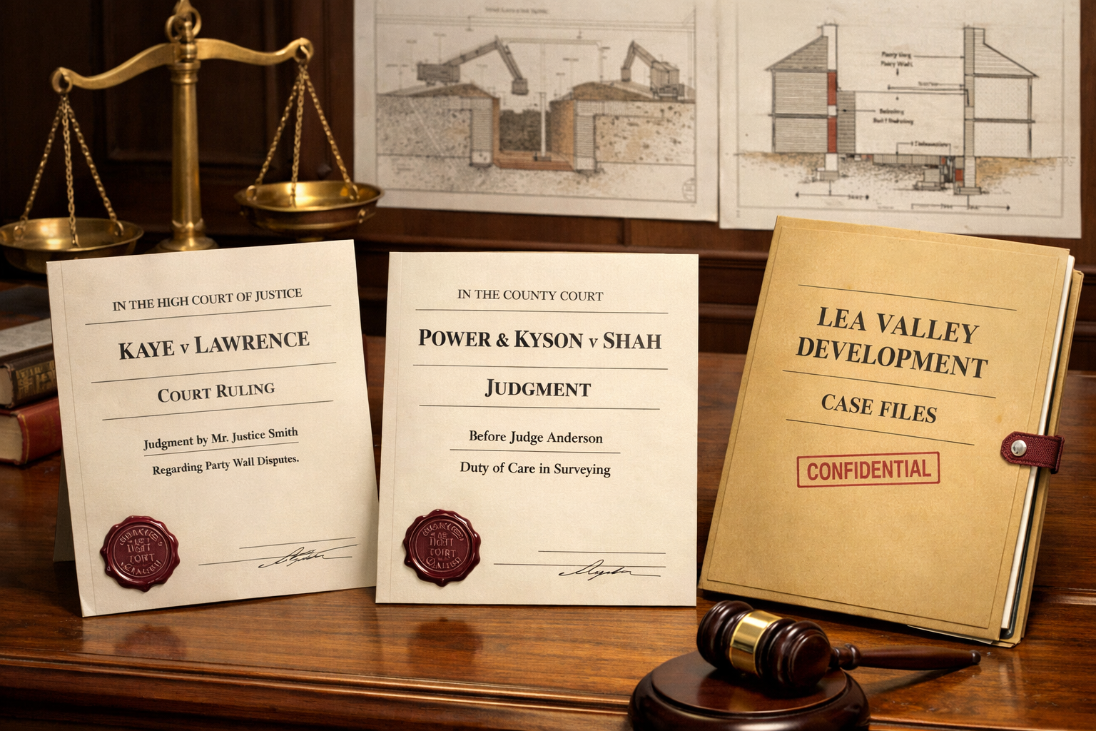 Detailed () image showing courtroom scene with three key legal case documents prominently displayed on wooden table: Kaye v