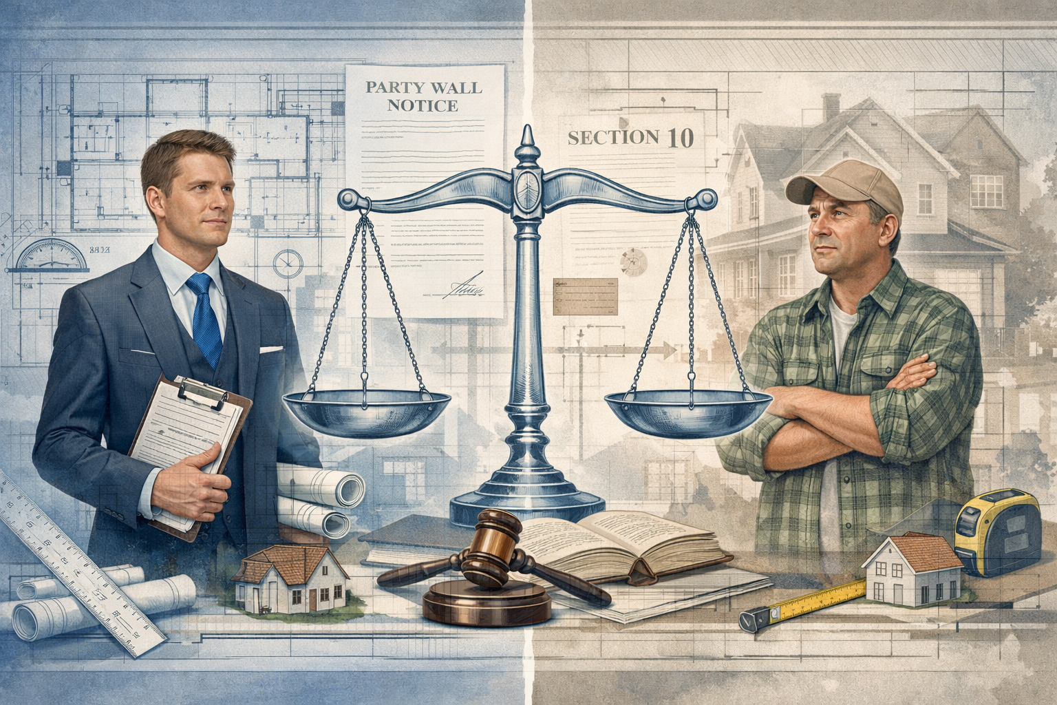 A detailed, split-screen editorial illustration representing the legal framework of party wall surveying. Left side depicts