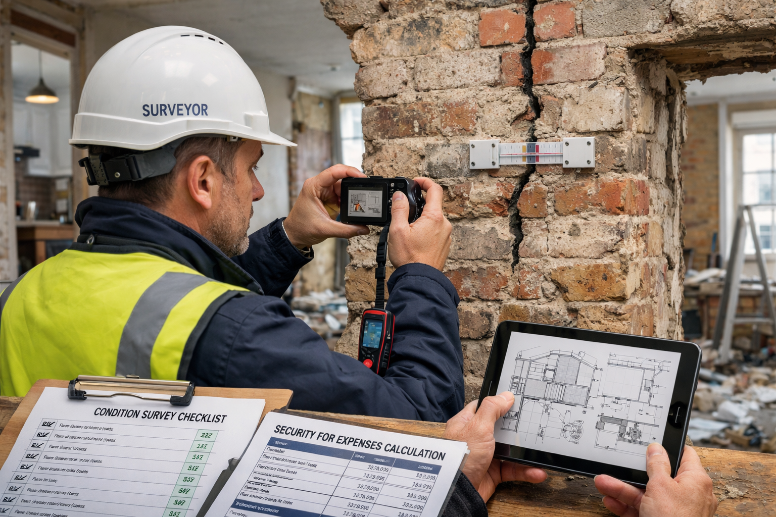 Detailed () professional scene showing surveyor conducting site investigation at London residential property with exposed