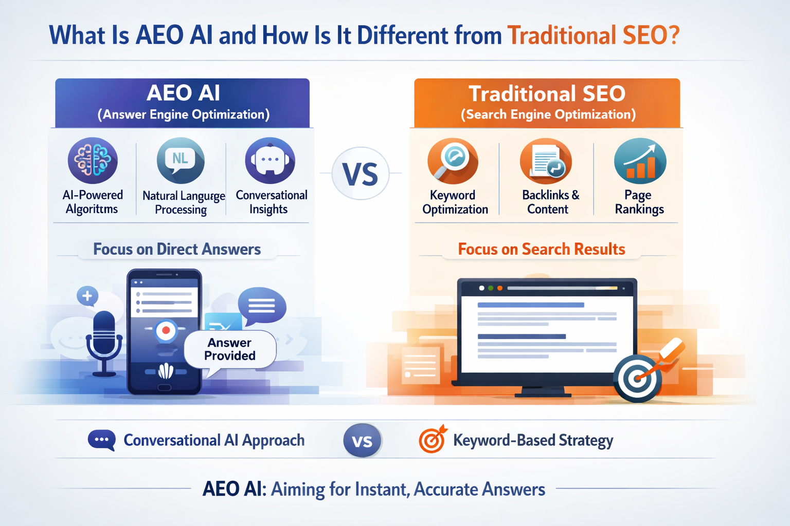Professional infographic for article "AEO AI: What It Is, How It Works, and Why It Matters in 2026", section: "What Is AEO AI and How Is It Different from Traditional SEO?". Include relevant icons, data visualization, clean visual hierarchy, modern color scheme, editorial quality.