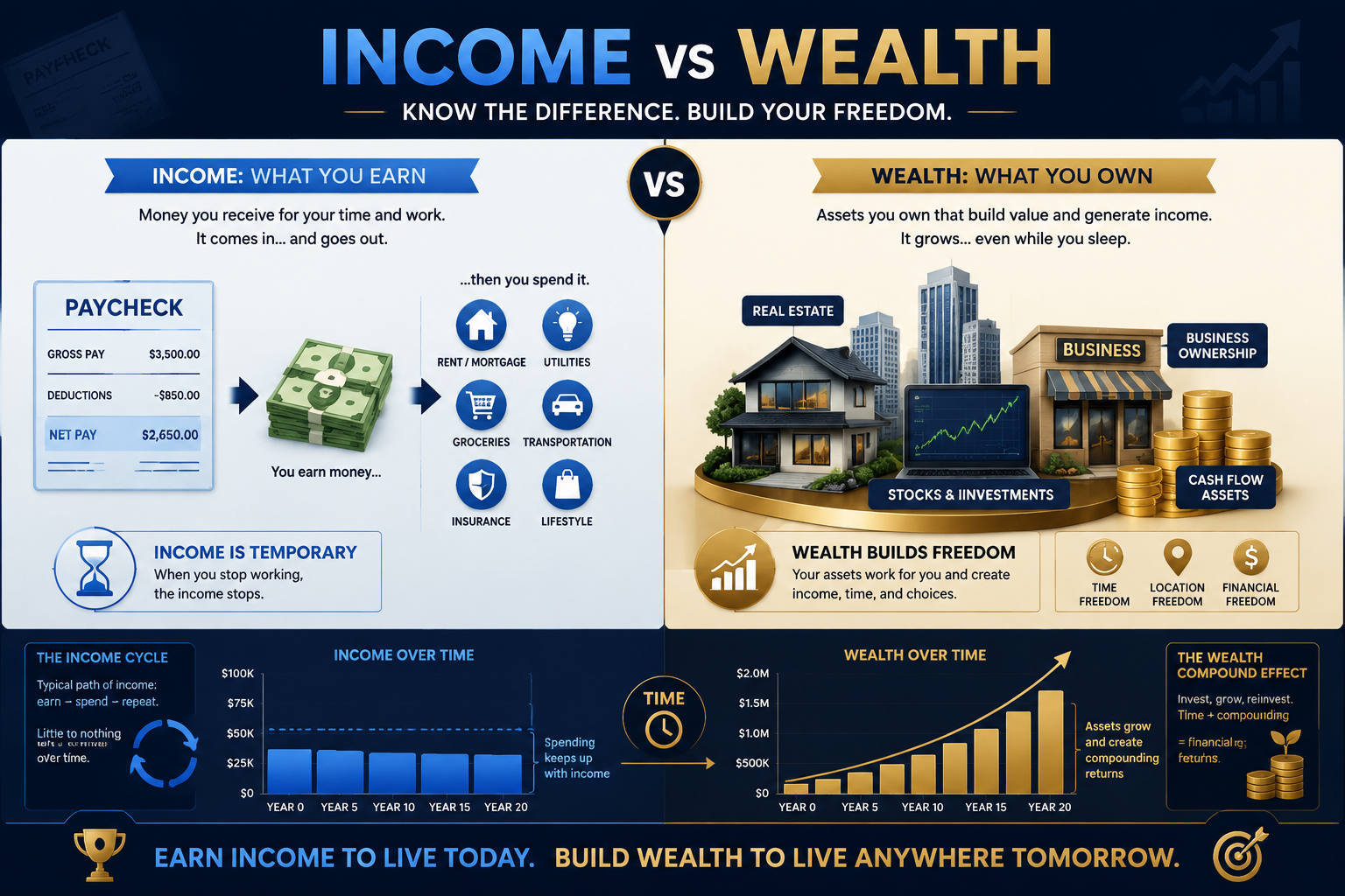 () detailed infographic showing the difference between income and wealth with visual comparison. Left side shows paycheck