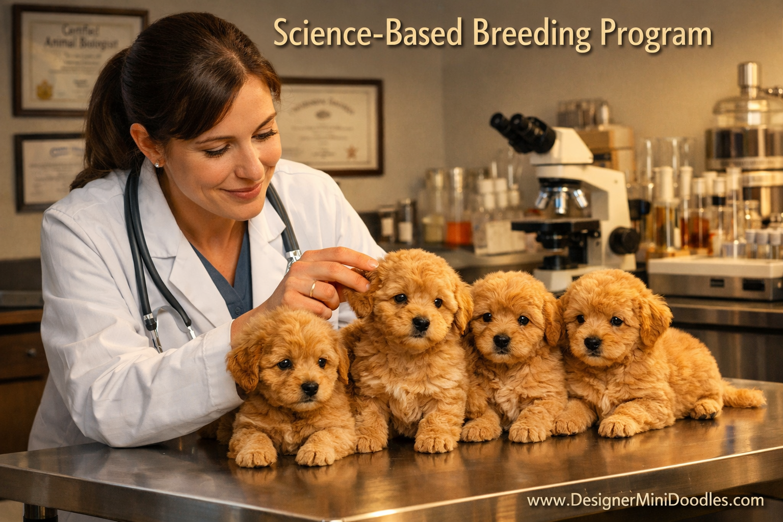 () editorial photo-style illustration showing a certified animal biologist in a clean professional breeding facility in