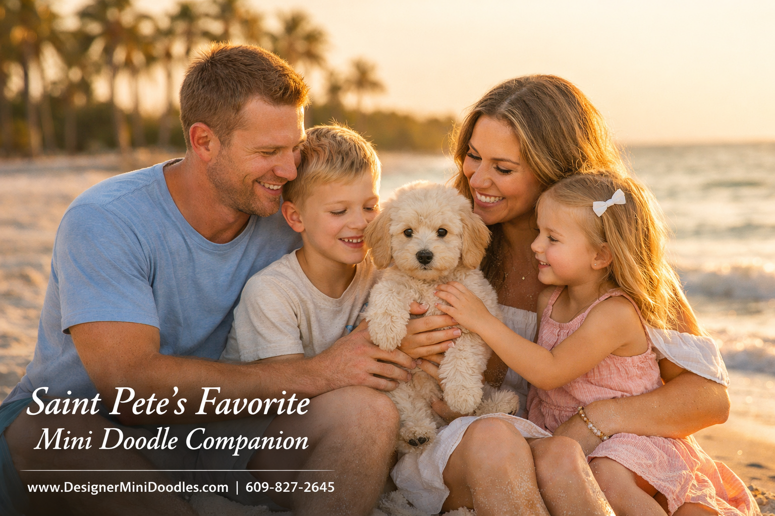 () warm lifestyle scene of a happy family with two young children sitting on a Saint Petersburg Florida beach at golden