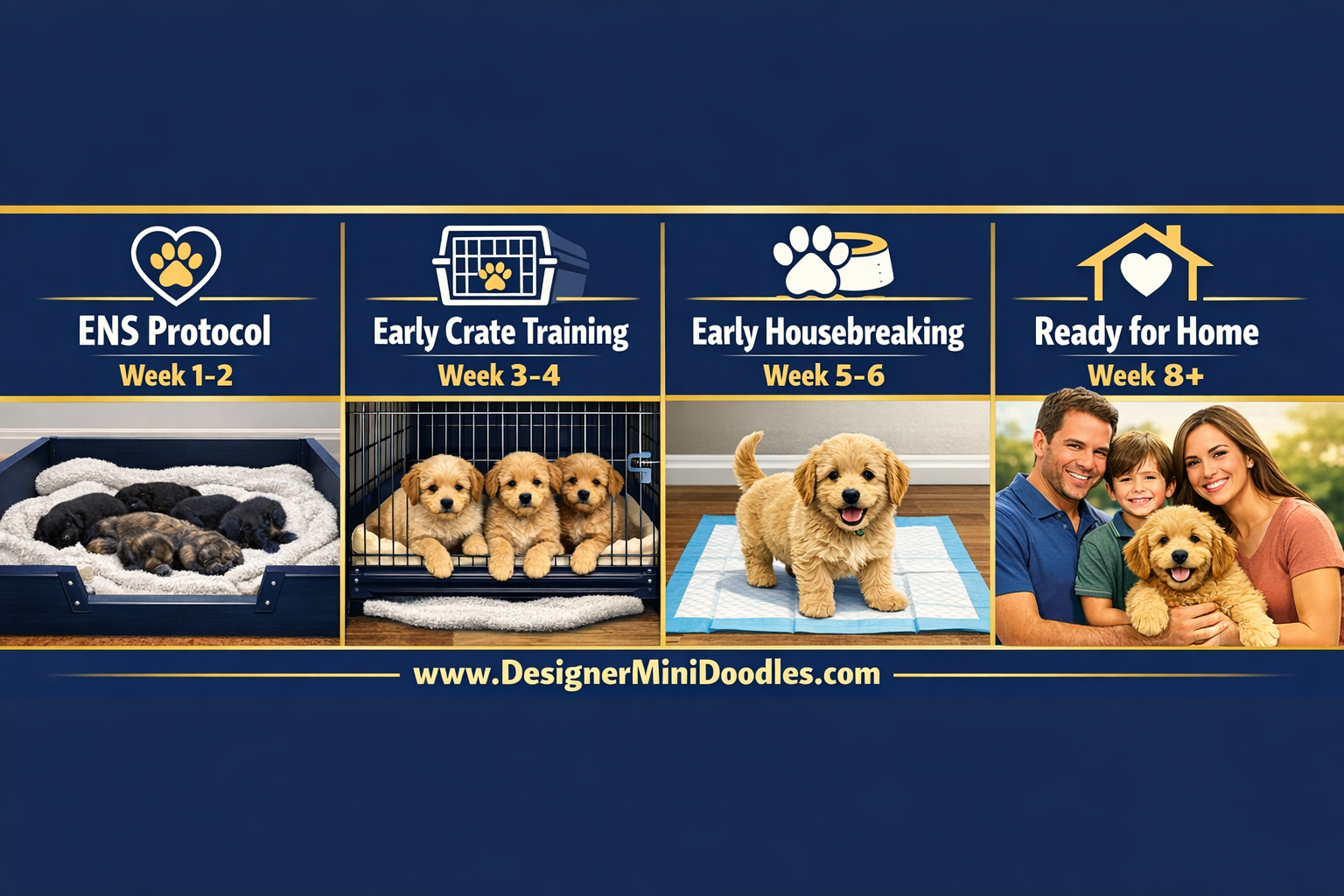 () split-panel infographic showing the Designer Mini Doodles puppy development process: Panel 1 shows a whelping box with