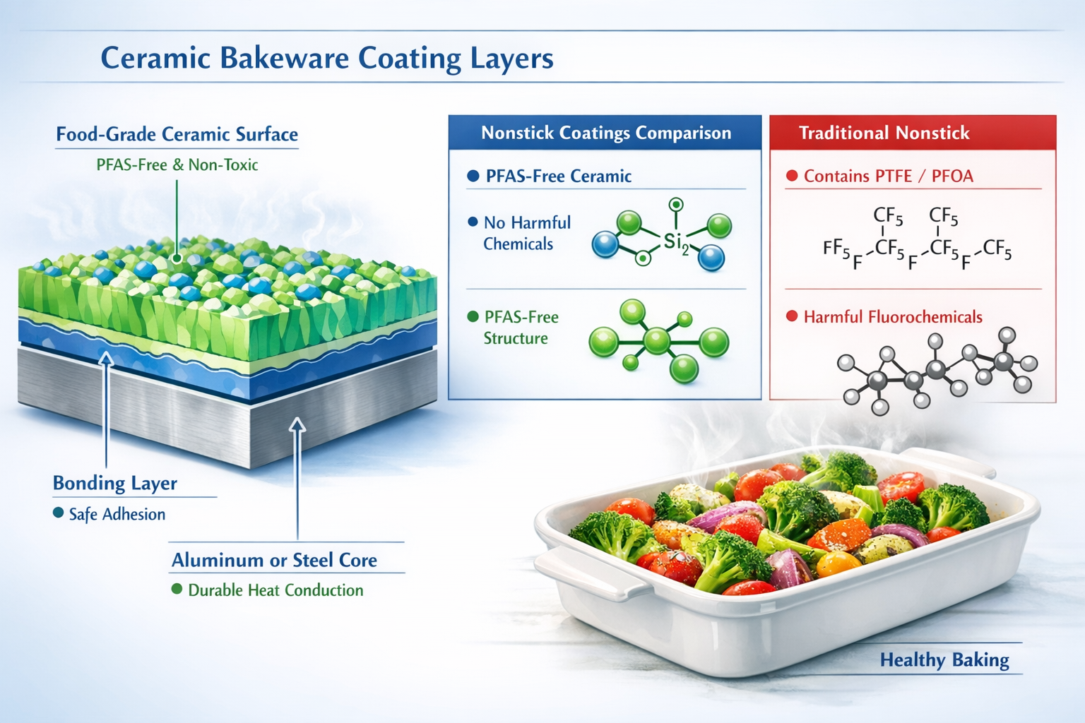 Landscape format (1536x1024) detailed infographic showing cross-section diagram of ceramic bakeware coating layers at molecular level, with 