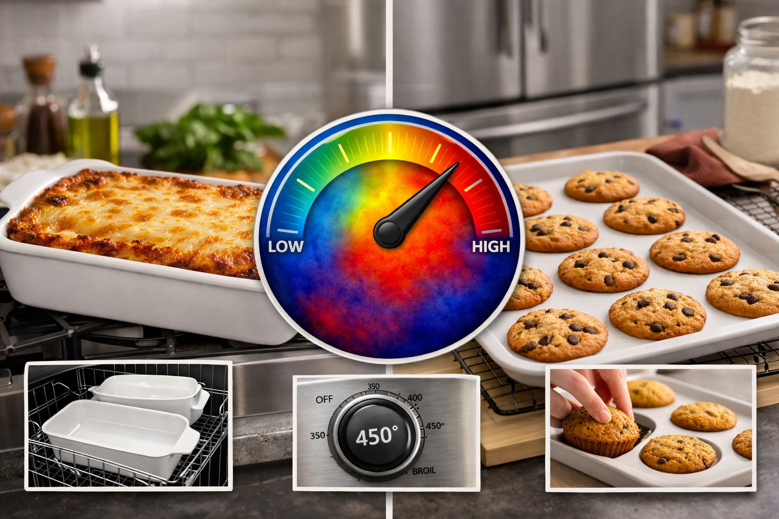 Landscape format (1536x1024) professional kitchen scene showing ceramic bakeware set in action with split-screen comparison: left side displ