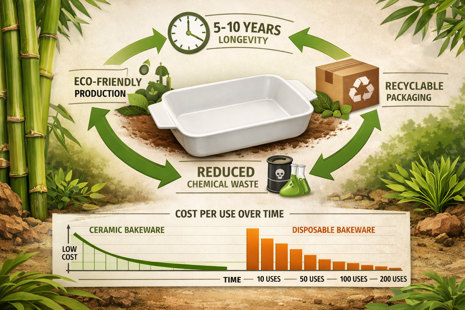 Landscape format (1536x1024) sustainability-focused composition showing lifecycle comparison of ceramic bakeware versus disposable alternati