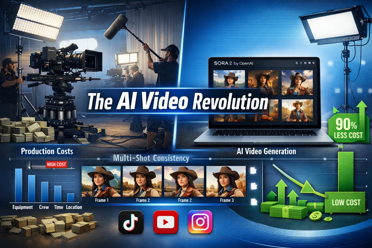 Landscape format (1536x1024) editorial image showing split-screen comparison of traditional video production versus AI-generated content. Le