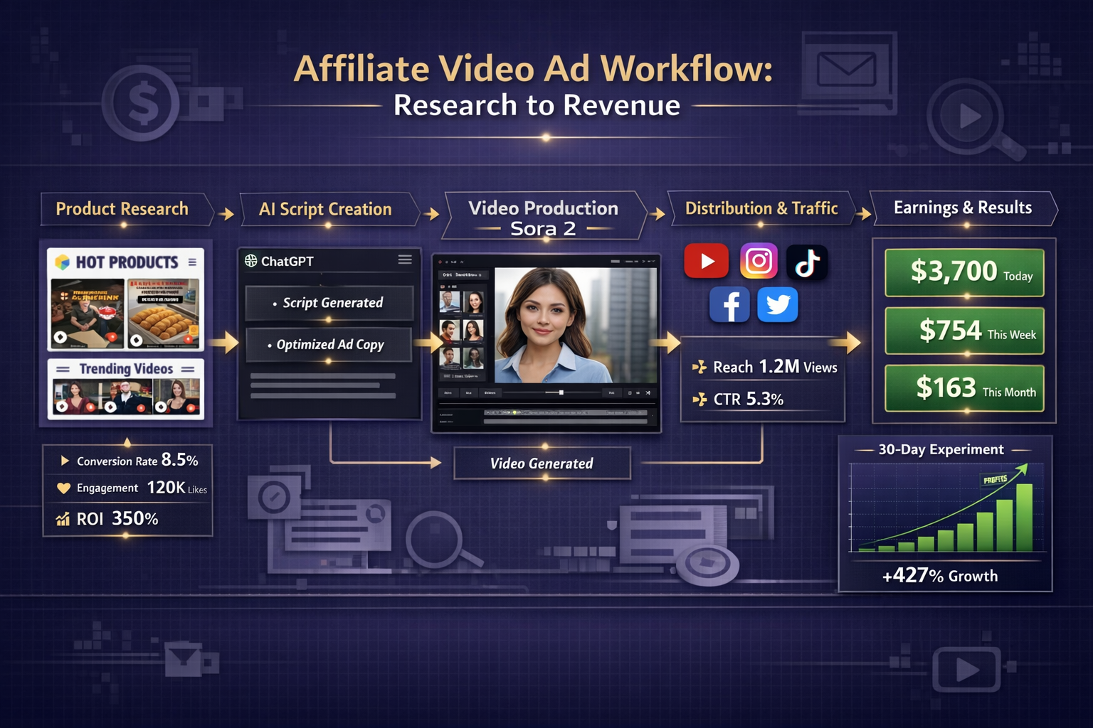Landscape format (1536x1024) professional infographic displaying affiliate video ad workflow from research to revenue. Visual flow chart sho