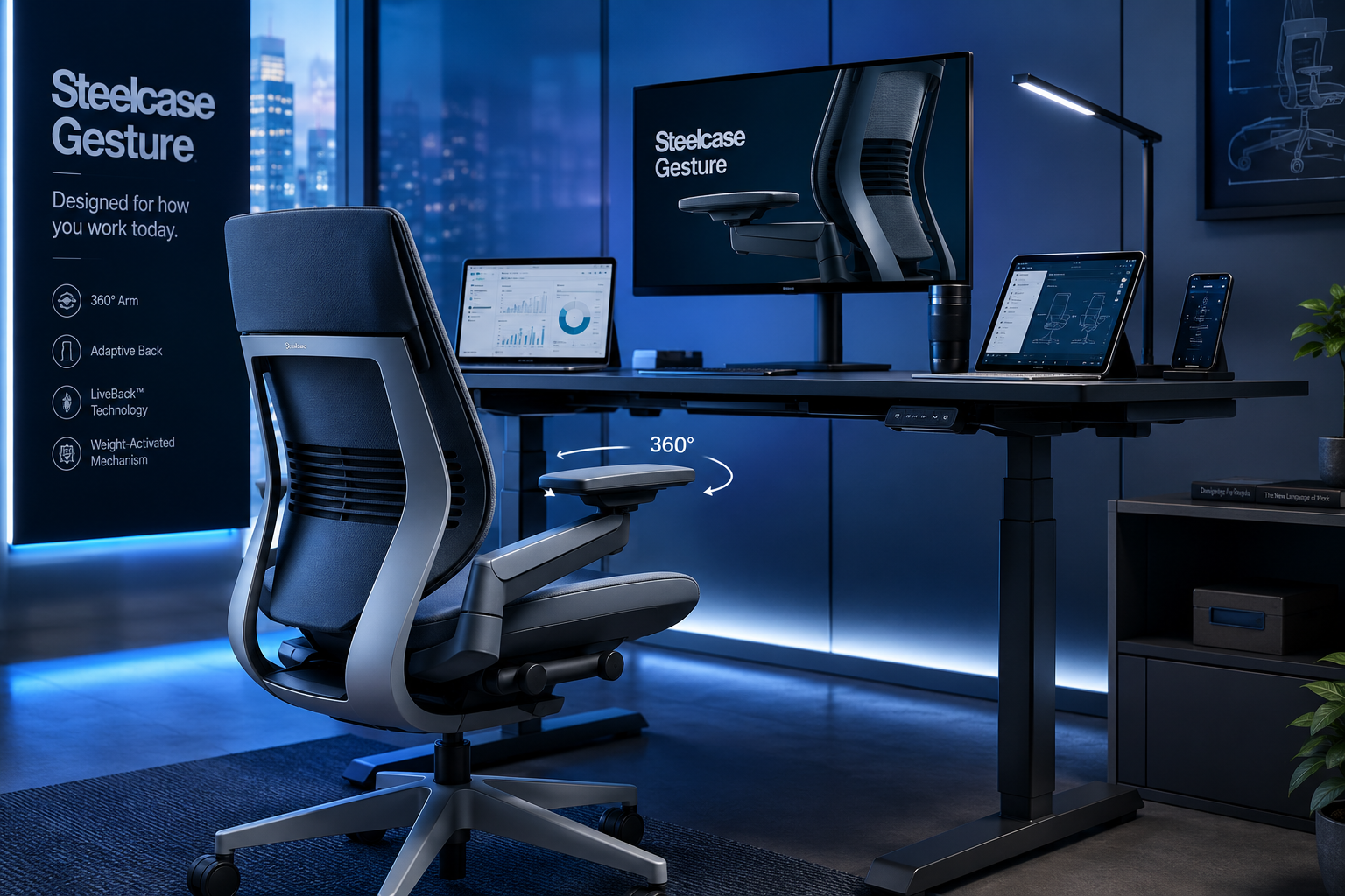 Steelcase Gesture chair displayed at a modern standing desk with 360-degree armrests prominently featured, multiple devices nearby showing its multi-device design intent, 'Steelcase Gesture' branding visible, cool blue-toned office environment Steelcase Gesture: Built for How People Actually Work Now