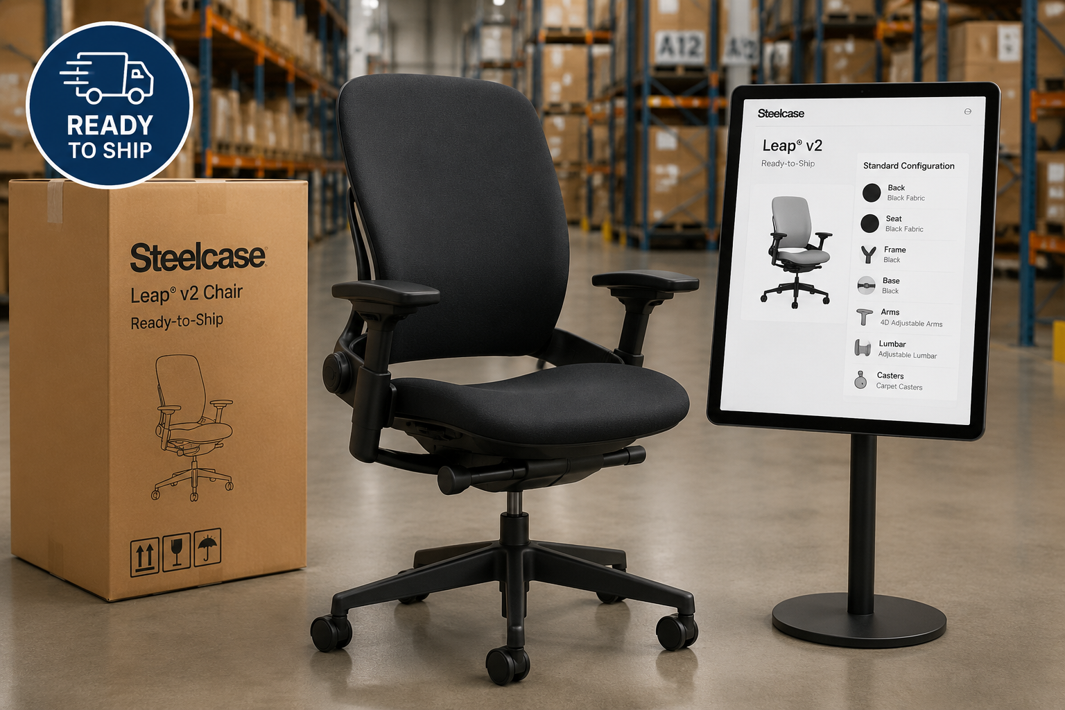 Steelcase Leap v2 Ready-to-Ship configuration shown in a warehouse fulfillment context with simplified packaging and standard configuration options displayed on a tablet screen beside the chair, 'Ready-to-Ship' badge overlay visible Steelcase Leap v2 Ready-to-Ship: Same Chair, Simpler Purchase