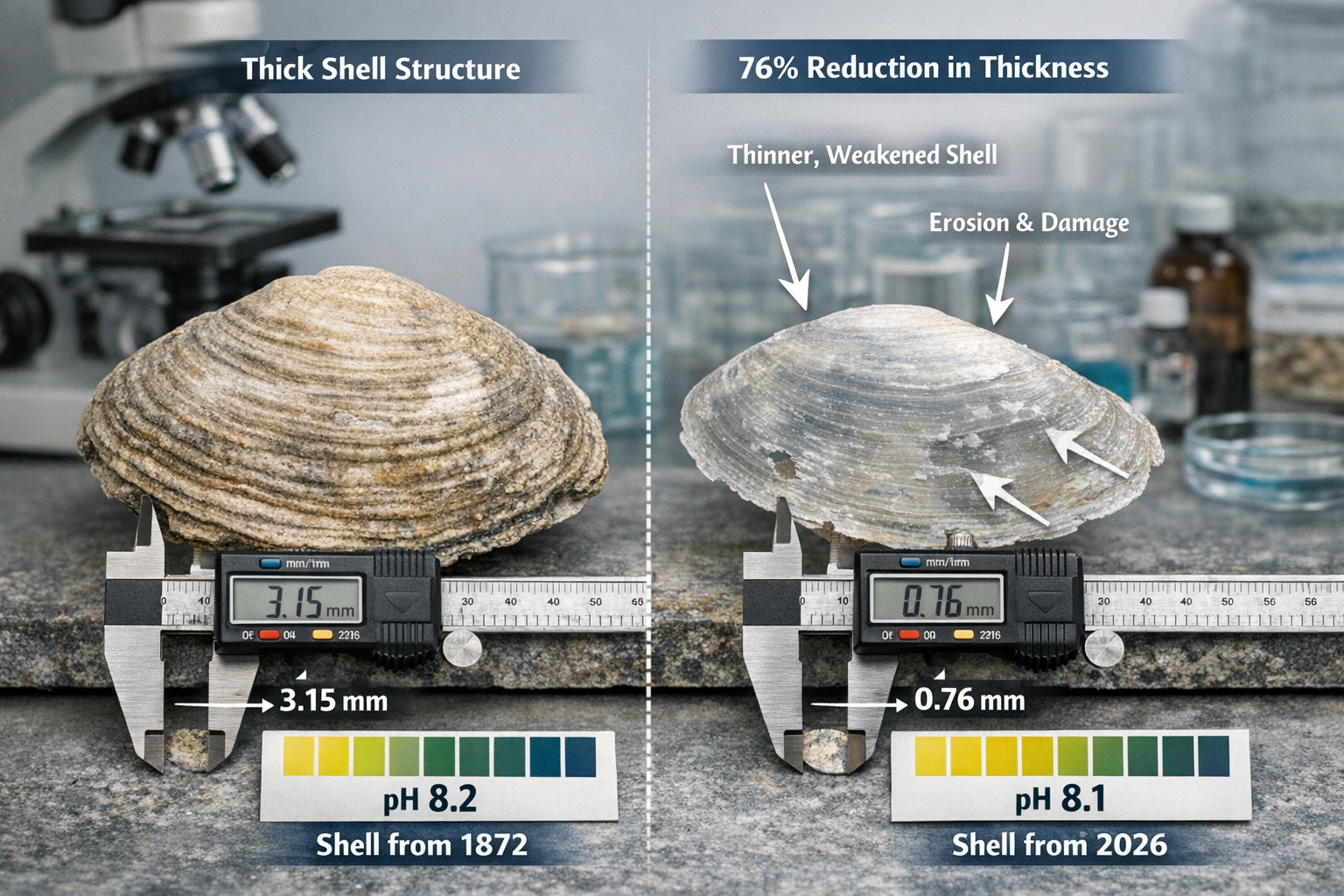 Detailed () image showing close-up comparison of shellfish specimens side-by-side, left specimen from 1872 with thick robust