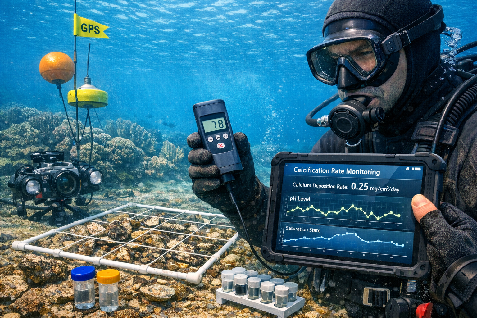 Detailed () image depicting marine surveyor in wetsuit conducting underwater BNG habitat assessment, holding waterproof pH