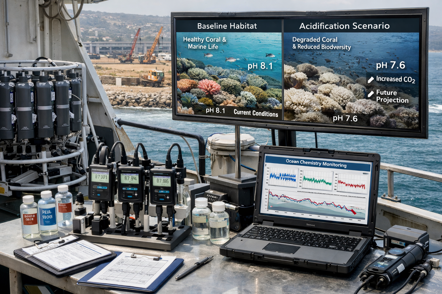Detailed () image showing comprehensive marine monitoring station setup on coastal research vessel deck, multiple pH sensors