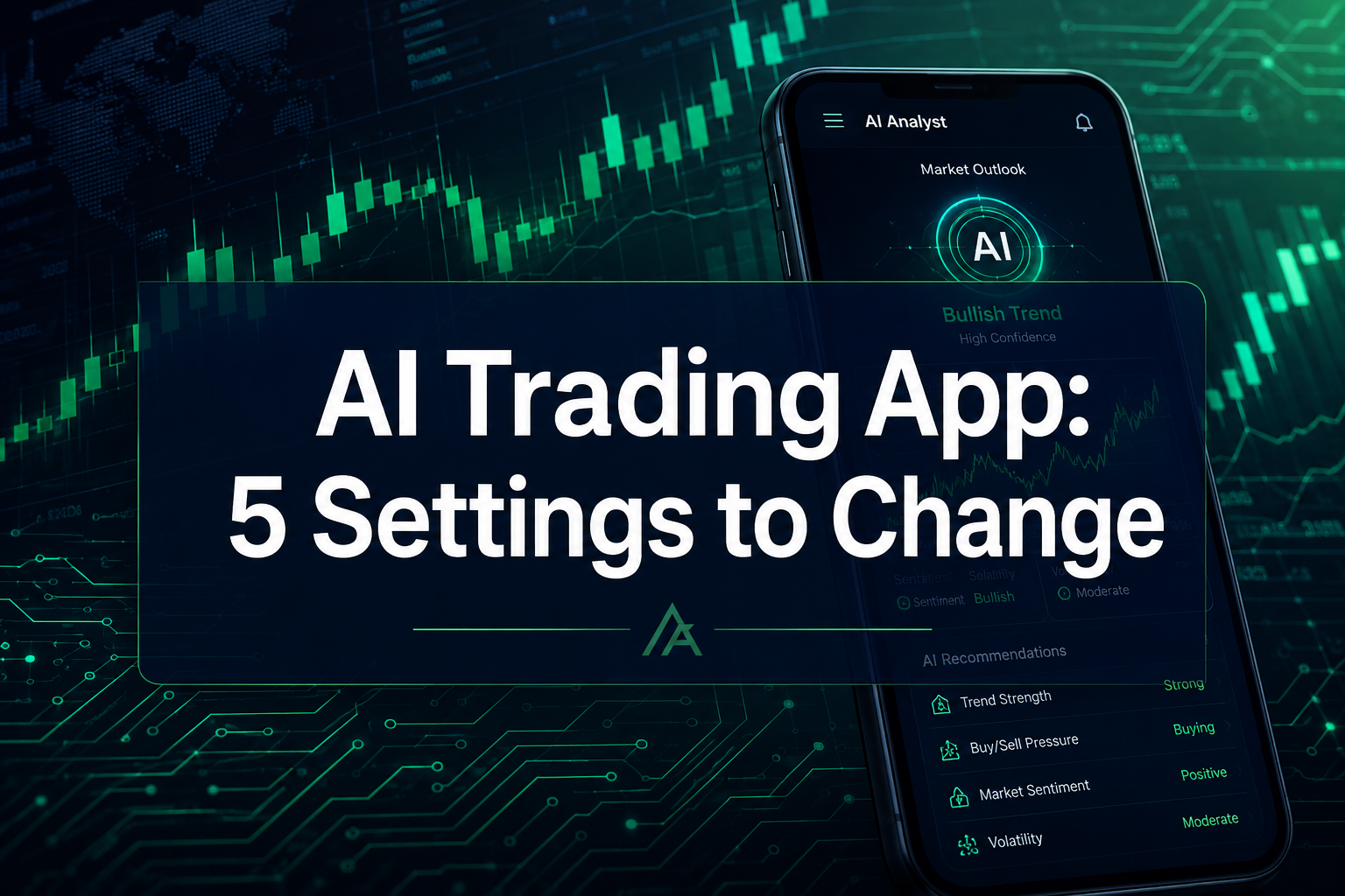 Professional () hero image with 'AI Trading App: 5 Settings to Change' in crisp white on a deep navy semi-transparent panel,