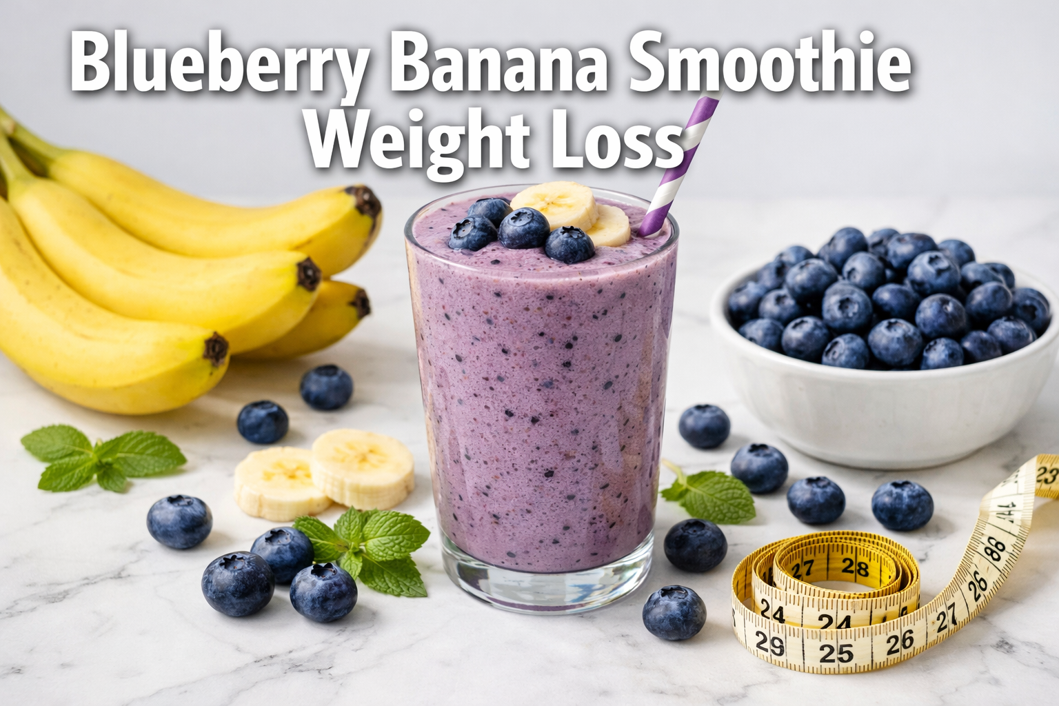 Professional landscape hero image (1536x1024) featuring bold text overlay 'Blueberry Banana Smoothie Weight Loss' in extra large 72pt white 