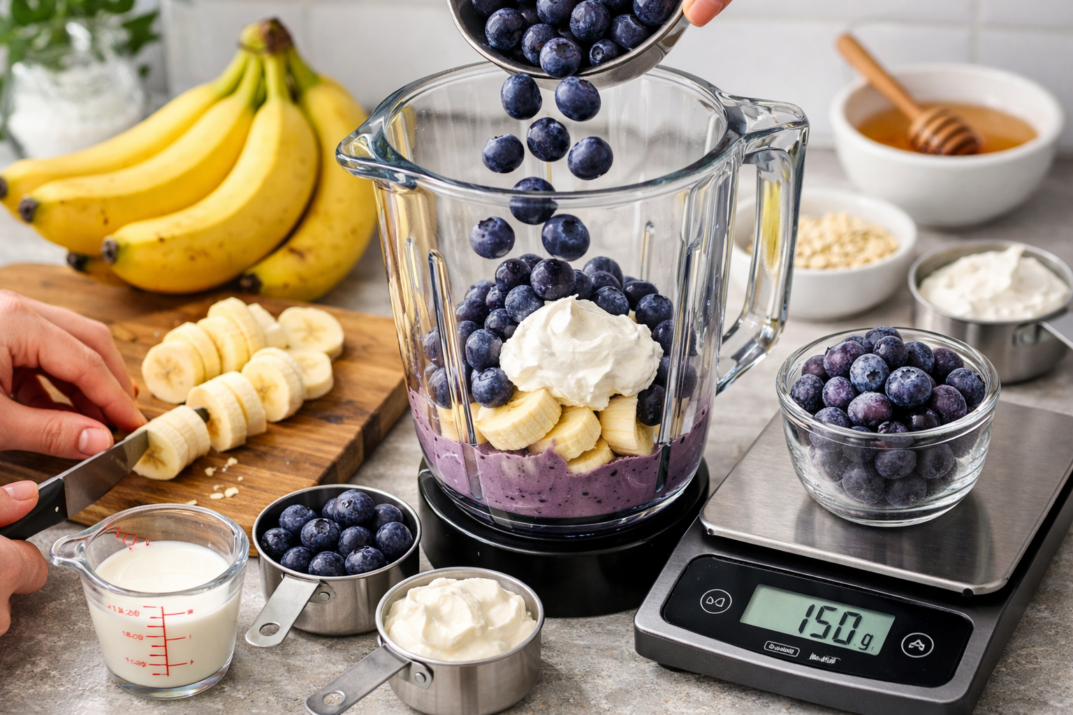 Detailed close-up shot of blueberry banana smoothie preparation scene (1536x1024) showing fresh blueberries cascading into high-speed blende