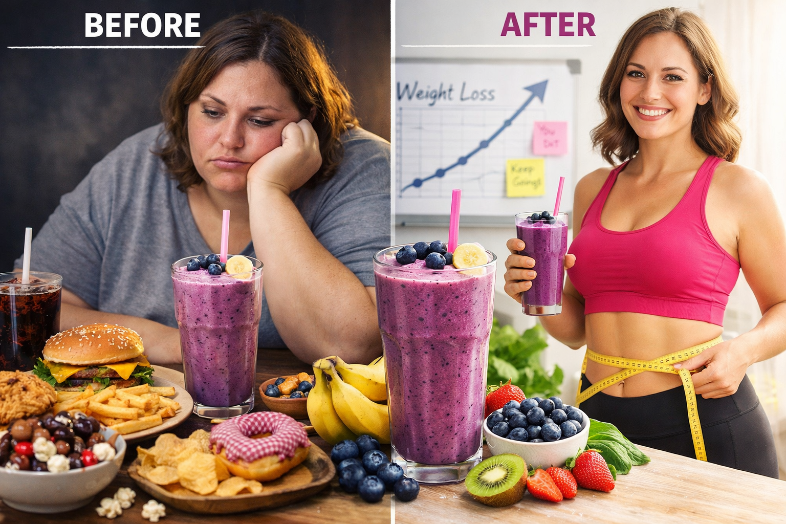 Split-screen comparison image (1536x1024) showing before/after weight loss journey concept with blueberry banana smoothie as centerpiece. Le