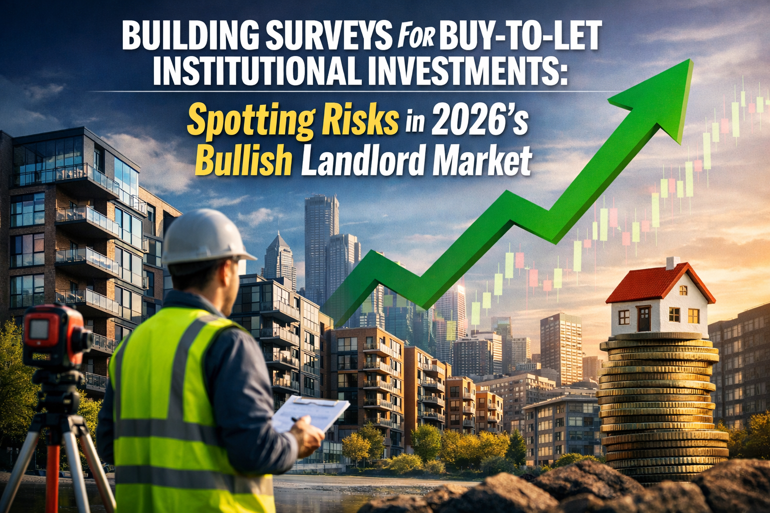 Professional landscape hero image (1536x1024) with bold text overlay: "Building Surveys for Buy-to-Let Institutional Investments: Spotting R
