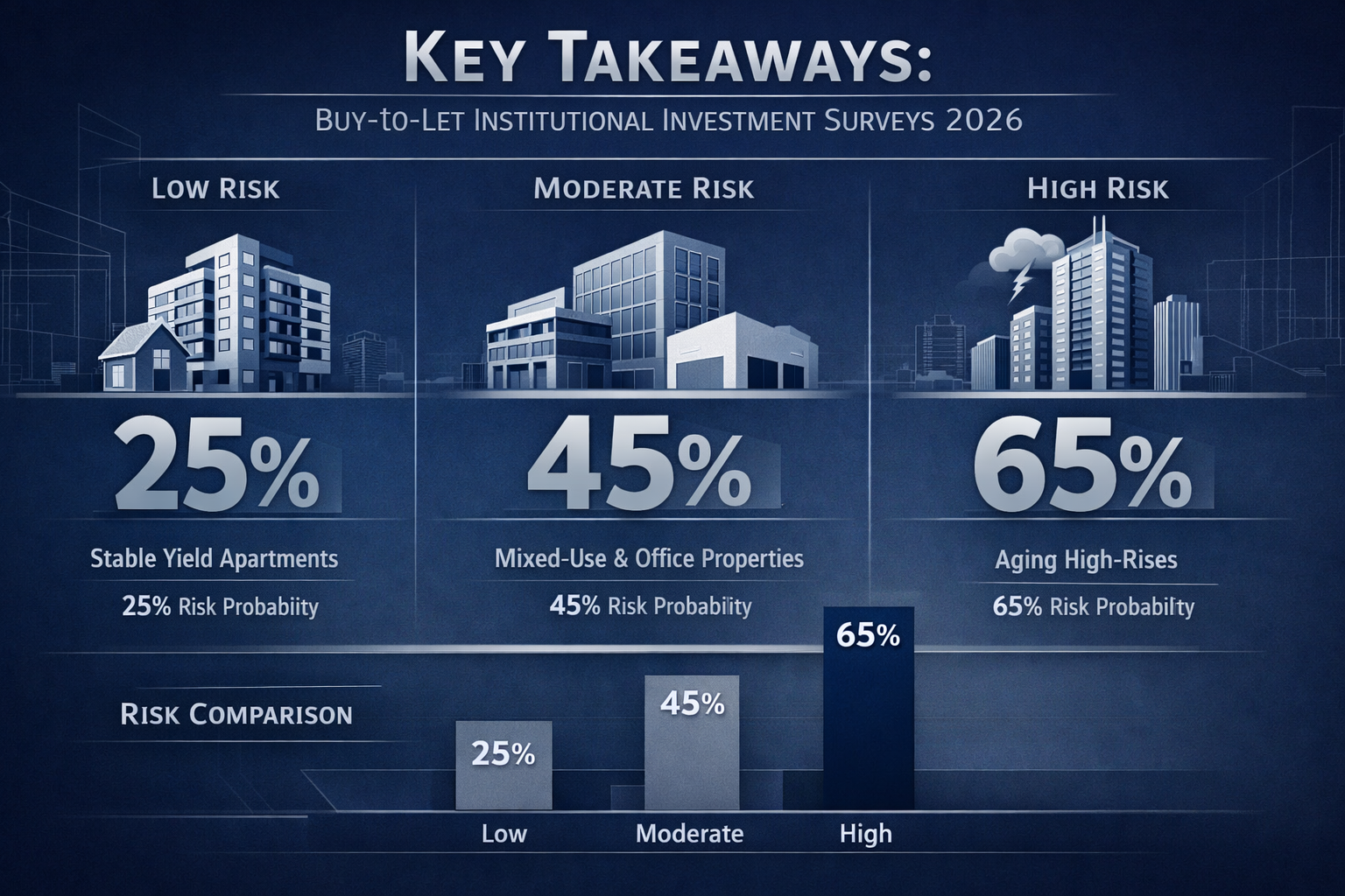Cinematic infographic visualizing 'Key Takeaways' for Buy-to-Let Institutional Investment Surveys in 2026, featuring minimalist architectura